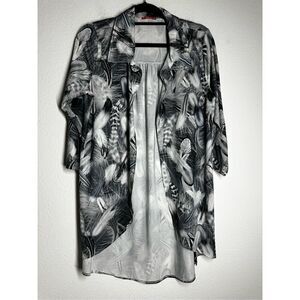 Simply Aster By Firmiana Women’s Collared Cardigan Leaves Print Gray White Sz XL